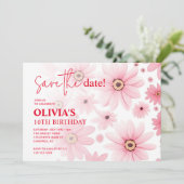 Pink Daisy Kid's Geburtstag Save The Date (Stehend Vorderseite)