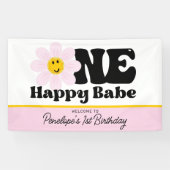 Pink Daisy One Happy Babe First Birthday Banner (Horizontal)