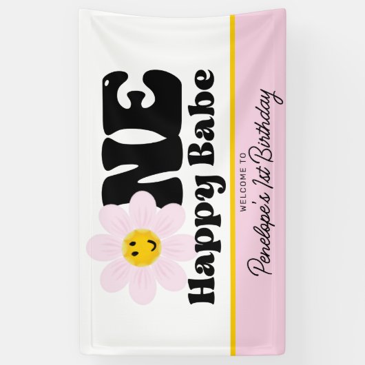 Pink Daisy One Happy Babe First Birthday Banner (Vertikal)