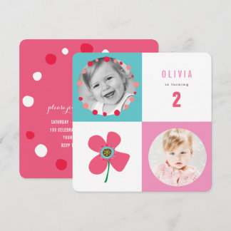 Pink Daisy Pop Squares Girl Birthday Foto Einladun Einladung