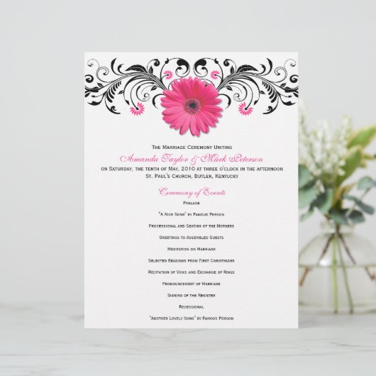 Pink Daisy Schwarz-weiß Floral Wedding Program (Stehend Vorderseite)