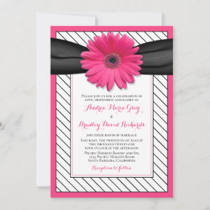 Pink Daisy Schwarz-weiß Pinstripe Wedding Einladung