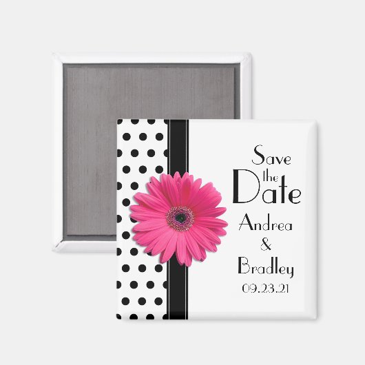 Pink Daisy Schwarz-weiß Polka Dot Save the Date Magnet (Vorderseite/Rückseite)
