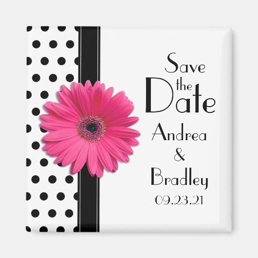 Pink Daisy Schwarz-weiß Polka Dot Save the Date Magnet (Vorne)