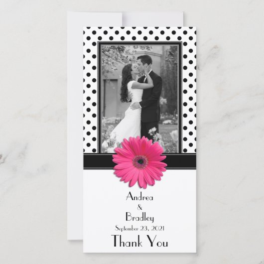 Pink Daisy Schwarz-weiß Polka Dot Wedding Fotokart Dankeskarte (Vorderseite)