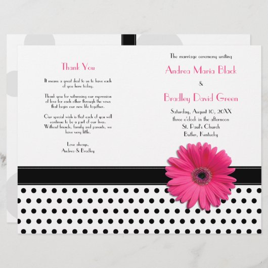 Pink Daisy Schwarz-weiß Polka Dot Wedding Program (Vorne/Hinten)