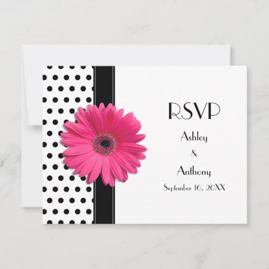 Pink Daisy Schwarz-weiß Polka Dot Wedding RSVP (Vorderseite)