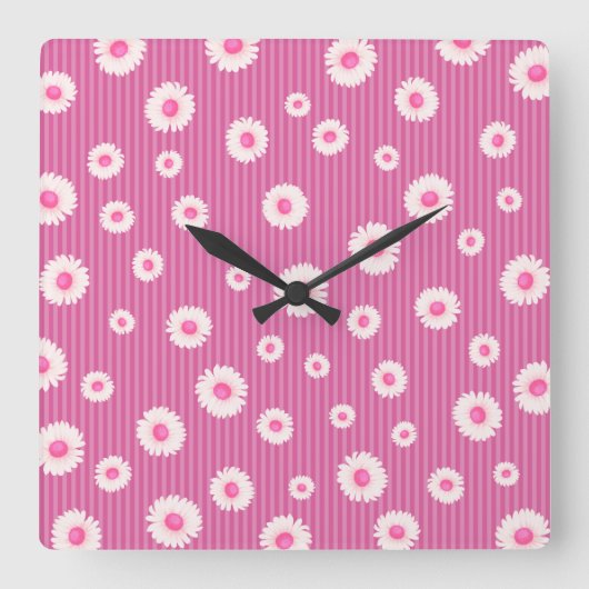 Pink Daisy Stripe Quadratische Wanduhr (Vorderseite)