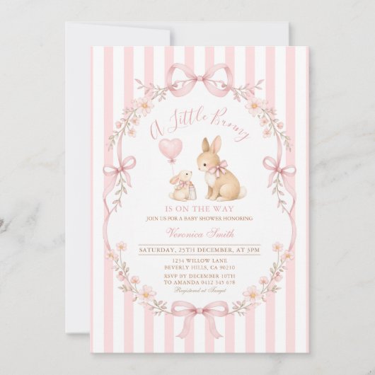 Pink Daisy Striped Bunny Baby Shower Einladung (Vorderseite)