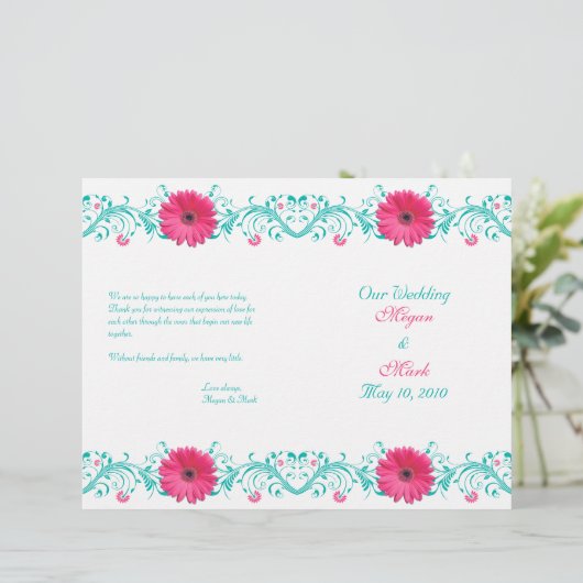 Pink Daisy Türkise Floral Wedding Programm (Stehend Vorderseite)