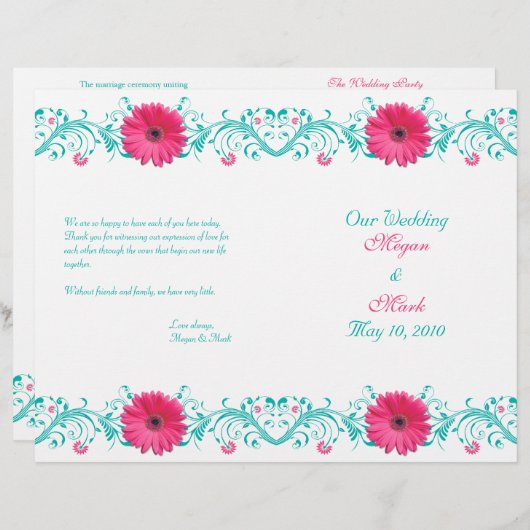 Pink Daisy Türkise Floral Wedding Programm (Vorne/Hinten)