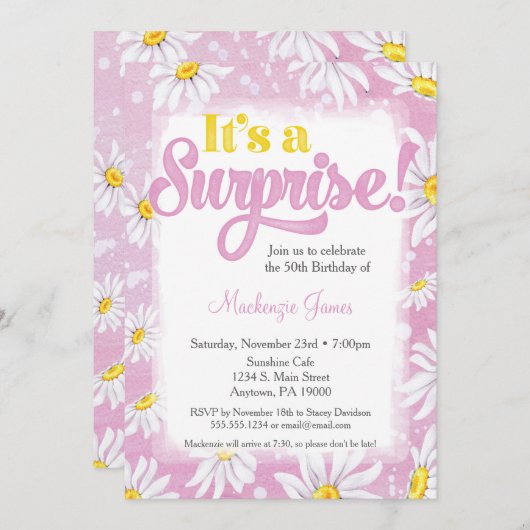 Pink Daisy Überraschung Party Einladung Ladys Flor (Vorne/Hinten)