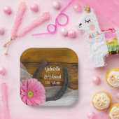 Pink Daisy und Horseshoe Country Wedding Pappteller (Party)