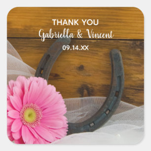 Pink Daisy und Horseshoe Country Wedding Vielen Da Quadratischer Aufkleber