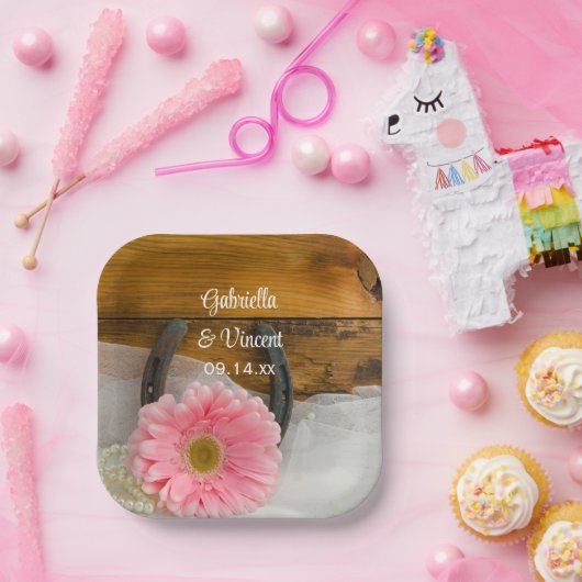 Pink Daisy und Horseshoe Country Western Hochzeit Pappteller (Party)