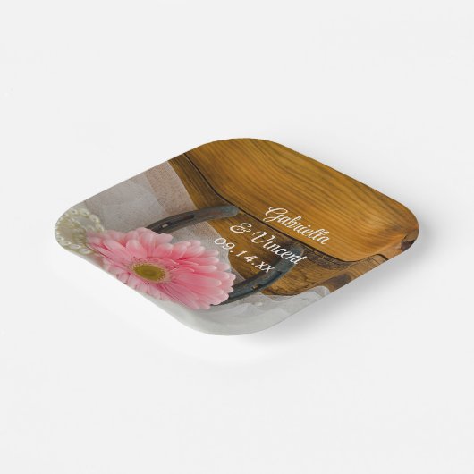 Pink Daisy und Horseshoe Country Western Hochzeit Pappteller (Gewinkelt)