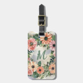 Pink Daisy Watercolor Smokey Blau Mit Monogramm Gepäckanhänger (Vorderseite vertikal)