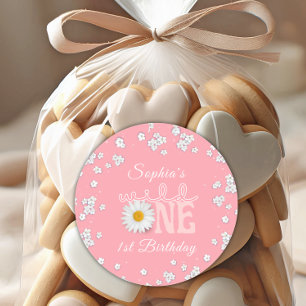 Pink Daisy Wild One 1. Geburtstag Runder Aufkleber