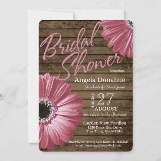 Pink Daisy Wood Brautparty Einladung (Vorderseite)
