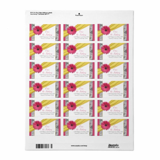 Pink Daisy Yellow Damask Hochzeitsplatten Adressaufkleber (Vorne)