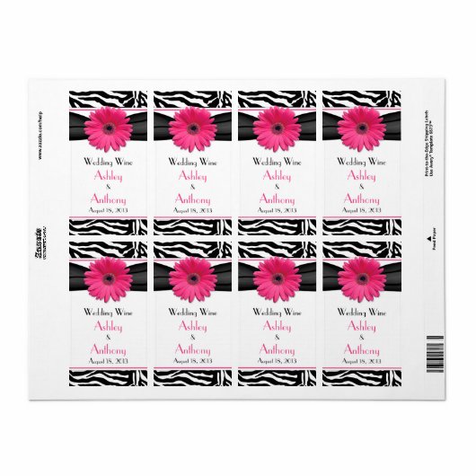 Pink Daisy Zebra Print Wedding Wine Bottle Labels (Vorne)