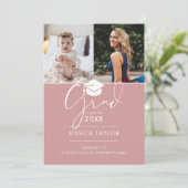 Pink damals und jetzt 2 Foto Graduation Party Einladung (Stehend Vorderseite)