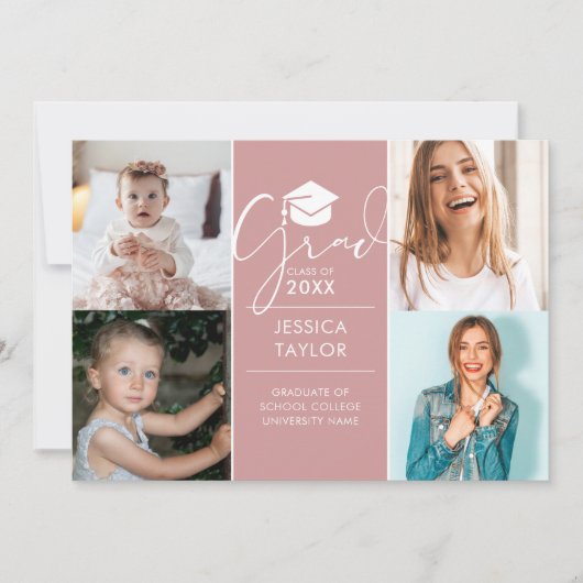 Pink damals und jetzt 4 Foto Graduation Party Einladung (Vorderseite)