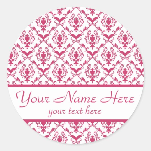 Pink Damask #2 benutzerdefinierbar Runder Aufkleber (Vorderseite)
