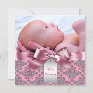 Pink Damask Baby Girl Foto Christening Einladung