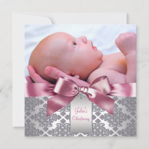 Pink Damask Baby Girl Foto Christening Einladung