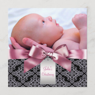 Pink Damask Baby Girl Foto Christening Einladung