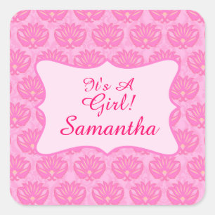 Pink Damask Baby Girl Name Personalisierte Geburt Quadratischer Aufkleber