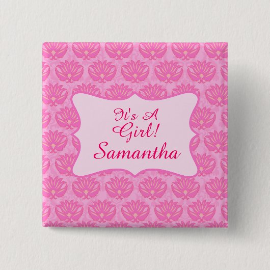 Pink Damask Baby Girl Personalisiert Name Abzeiche Button (Vorderseite)