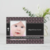 Pink Damask Baby Girl Photo Christening Einladung (Stehend Vorderseite)