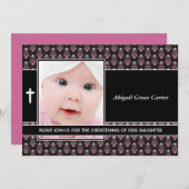 Pink Damask Baby Girl Photo Christening Einladung (Vorne/Hinten)