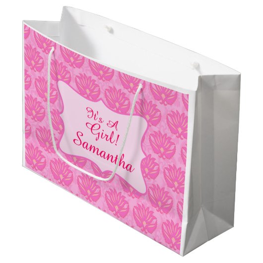 Pink Damask Baby Sein Mädchenname Personalisiert Große Geschenktüte (Vorderseite Schrägansicht)