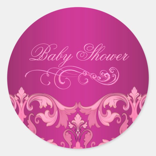 Pink Damask Babydusche Aufkleber/Siegel Runder Aufkleber (Vorderseite)