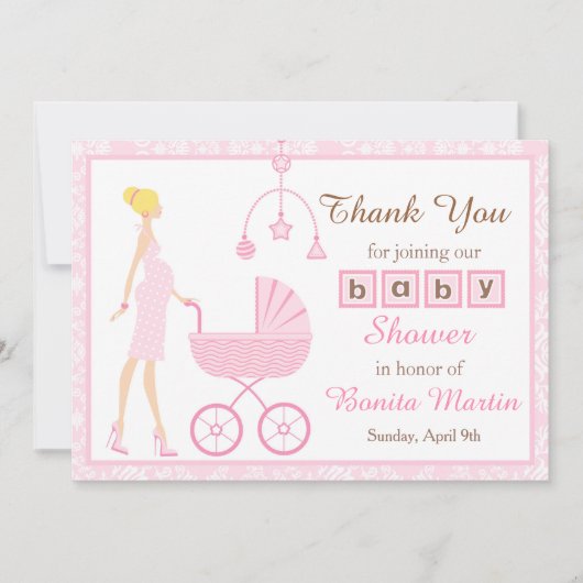 Pink Damask Blonde Babydusche Dankeskarte (Vorderseite)