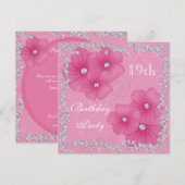 Pink Damask & Blume 19. Geburtstag Einladung (Vorne/Hinten)