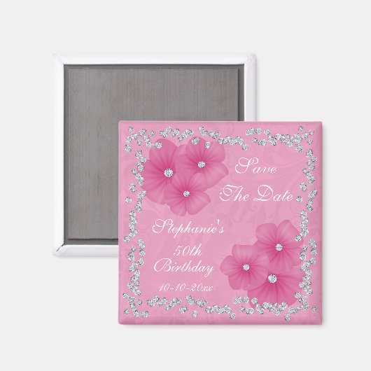 Pink Damask & Blume 50. Geburtstag Magnet (Vorderseite/Rückseite)