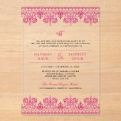 Pink Damask Border Anand Karaj Sikh Wedding Acryleinladungen (Vorderseite)