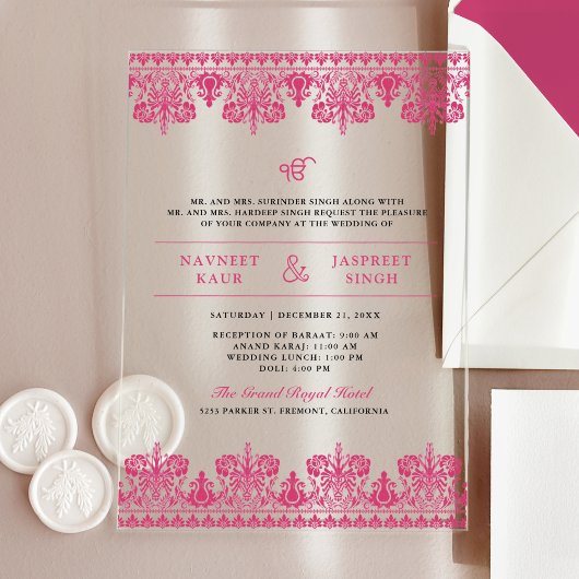 Pink Damask Border Anand Karaj Sikh Wedding Acryleinladungen