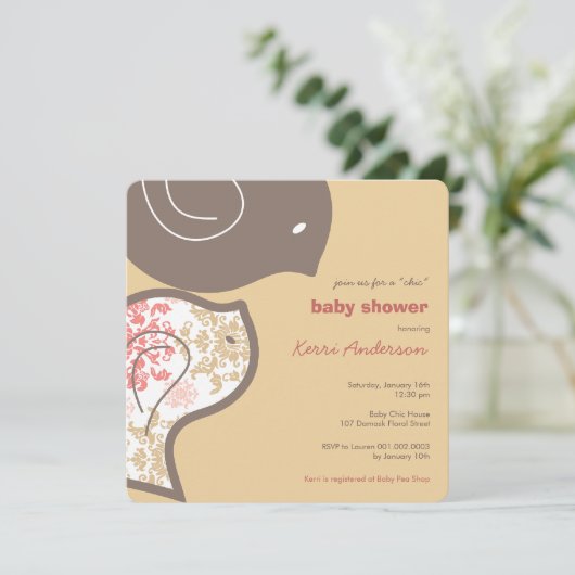 Pink Damask Chicks Kinderdusche Party Einladung (Stehend Vorderseite)