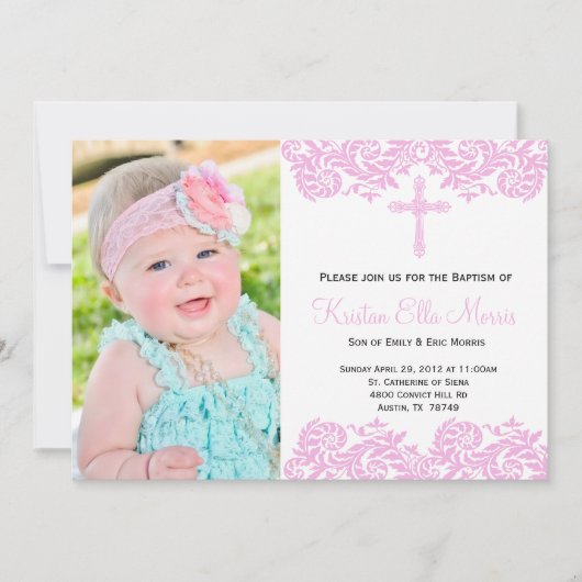 Pink Damask Christening Baptismus Einladung (Vorderseite)