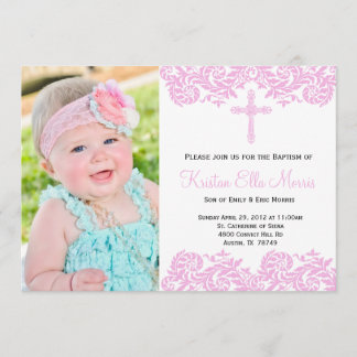 Pink Damask Christening Baptismus Einladung