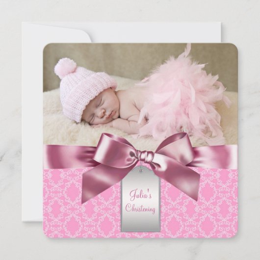 Pink Damask Christening Einladung (Vorderseite)