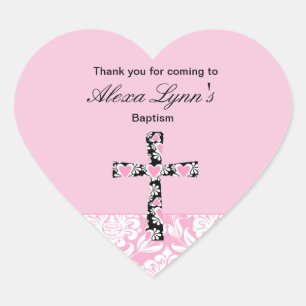 Pink Damask Girls TaufeDanke-Aufkleber Herz-Aufkleber