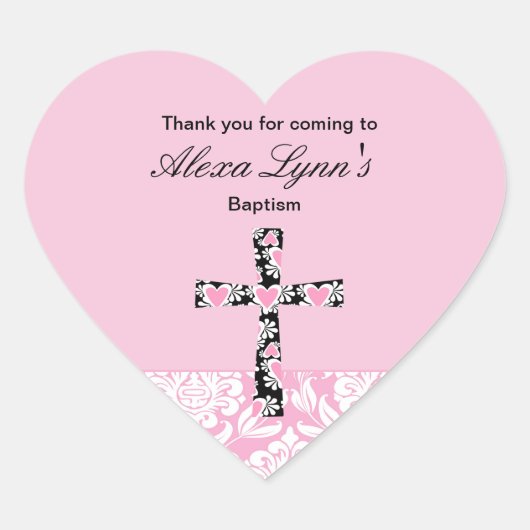 Pink Damask Girls TaufeDanke-Aufkleber Herz-Aufkleber (Vorderseite)