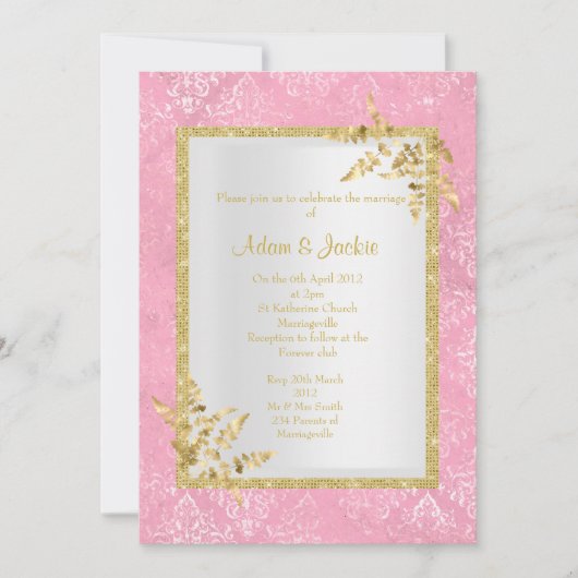 PINK DAMASK GOLD LEAF ELEGANT CLASSY WEDD EINLADUNG (Vorderseite)