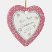 Pink Damask Imitate Diamond Erste Weihnachtsfeier Keramik Ornament (Rechts)